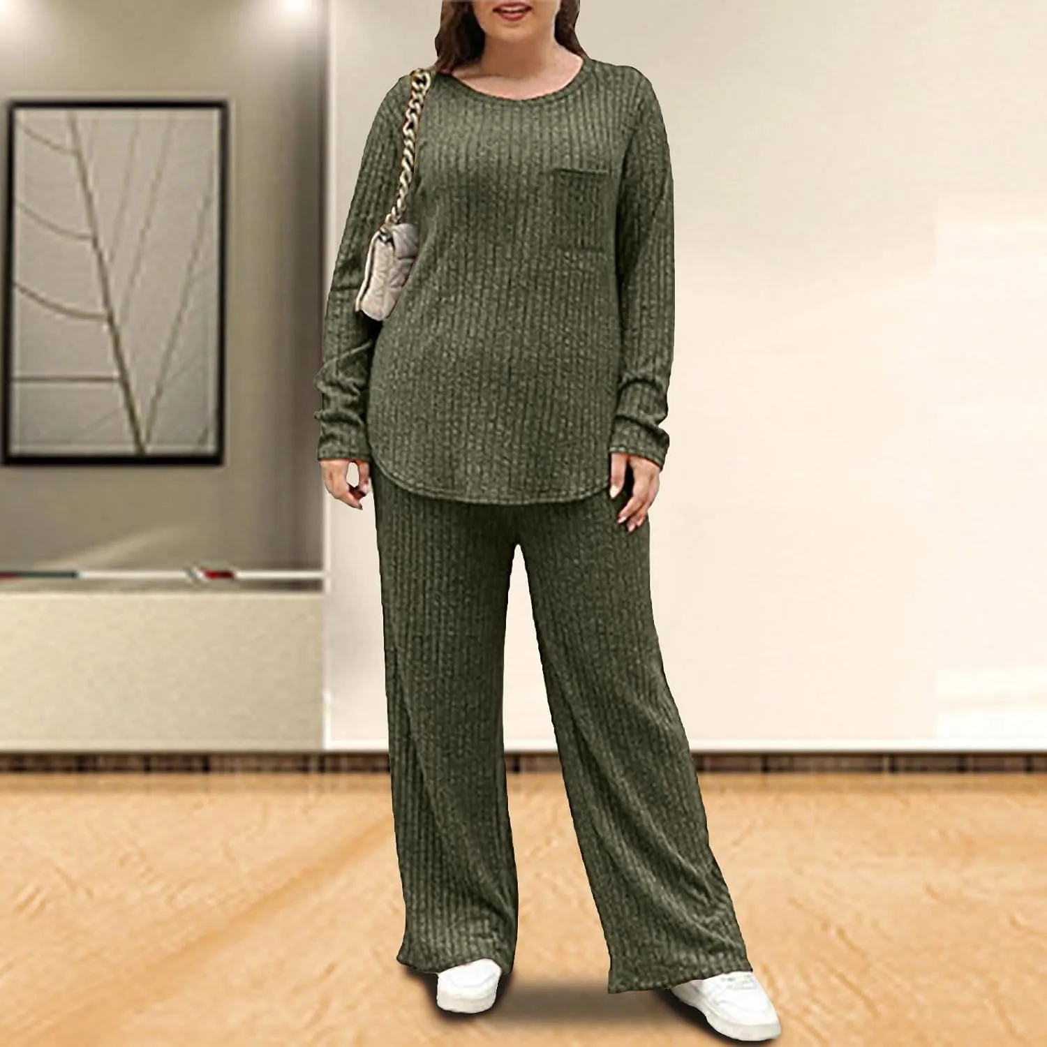 Womens Casual Solid Lounge Sets 2 Piece Front Pocket Knit Pullover Top and High Waisted Wide Leg Long Pants Tracksuit
