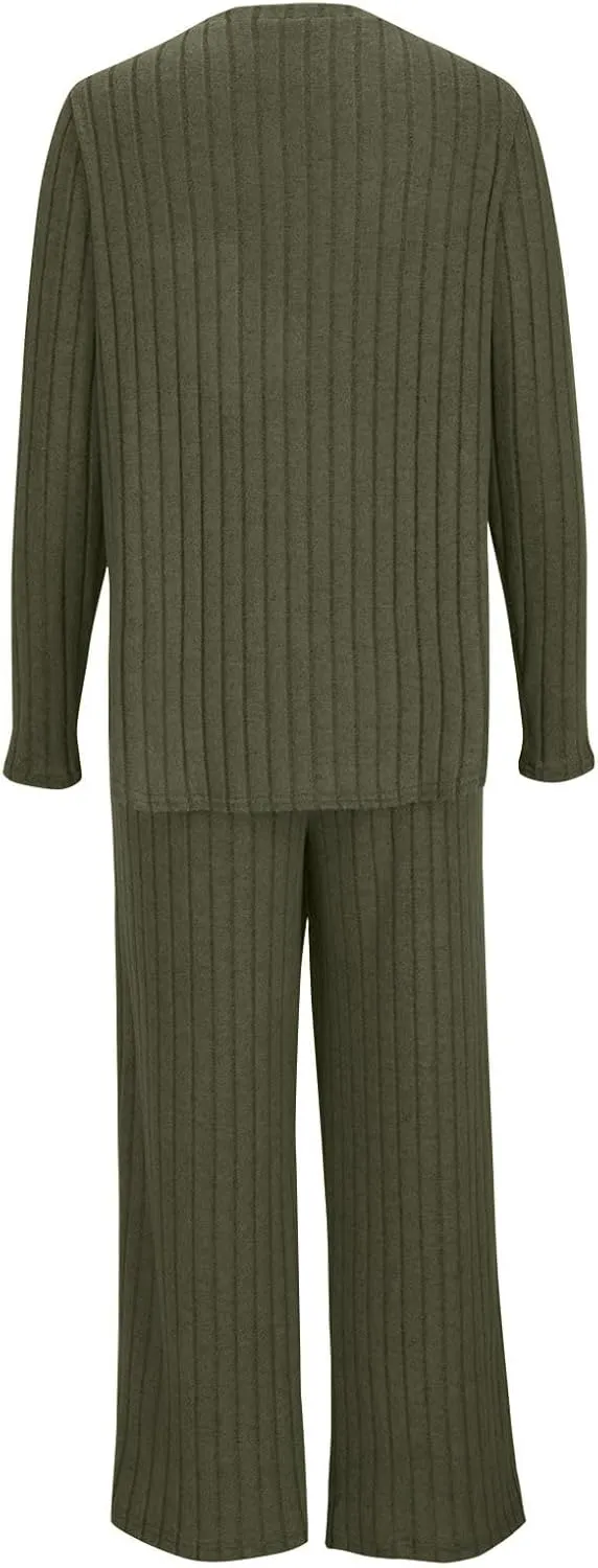 Womens Casual Solid Lounge Sets 2 Piece Front Pocket Knit Pullover Top and High Waisted Wide Leg Long Pants Tracksuit