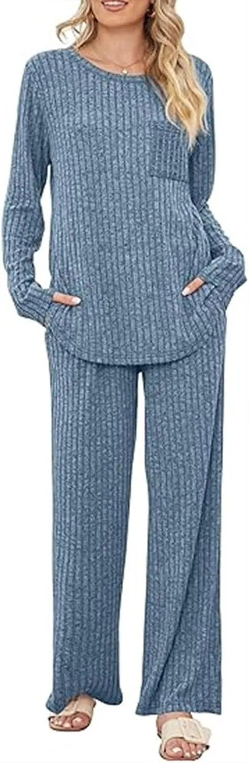 Womens Casual Solid Lounge Sets 2 Piece Front Pocket Knit Pullover Top and High Waisted Wide Leg Long Pants Tracksuit