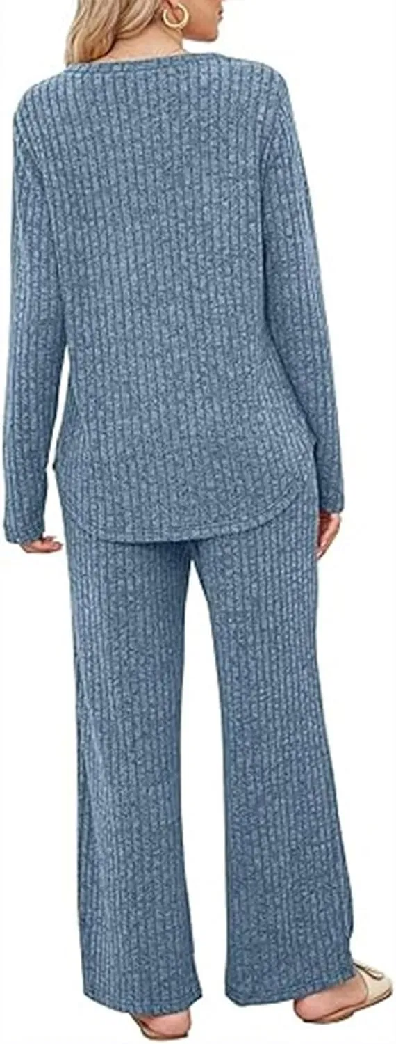 Womens Casual Solid Lounge Sets 2 Piece Front Pocket Knit Pullover Top and High Waisted Wide Leg Long Pants Tracksuit