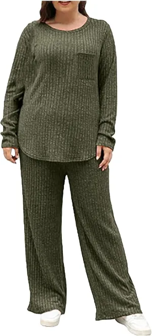 Womens Casual Solid Lounge Sets 2 Piece Front Pocket Knit Pullover Top and High Waisted Wide Leg Long Pants Tracksuit