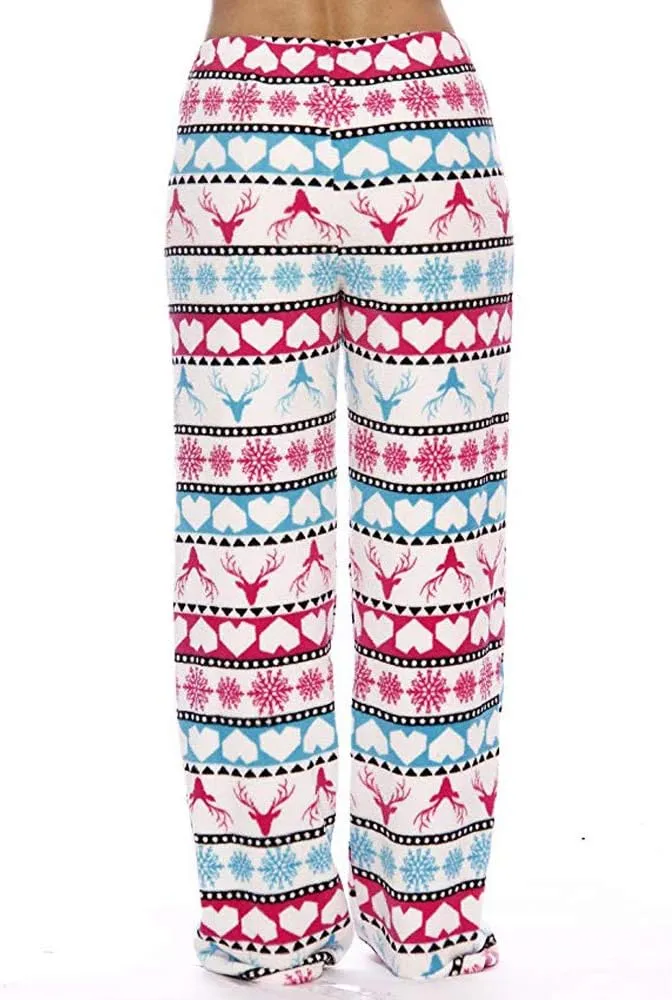 Women's Christmas Fleece Pajama PJ Pants Elk Print Drawstring Plush Flannel Lounge Pant Pajamas Bottom Sleepwear