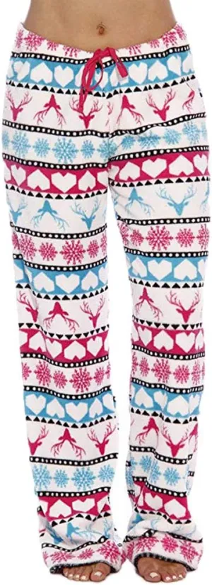 Women's Christmas Fleece Pajama PJ Pants Elk Print Drawstring Plush Flannel Lounge Pant Pajamas Bottom Sleepwear