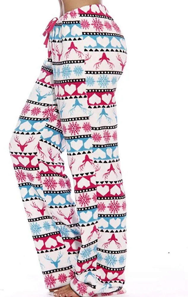Women's Christmas Fleece Pajama PJ Pants Elk Print Drawstring Plush Flannel Lounge Pant Pajamas Bottom Sleepwear