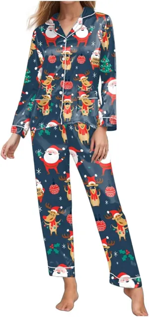 Women's Christmas Pajamas Set Silk Satin Cute Xmas Graphic Pjs Girls Sleepwear Set Long Sleeve Button Down Lounge Set