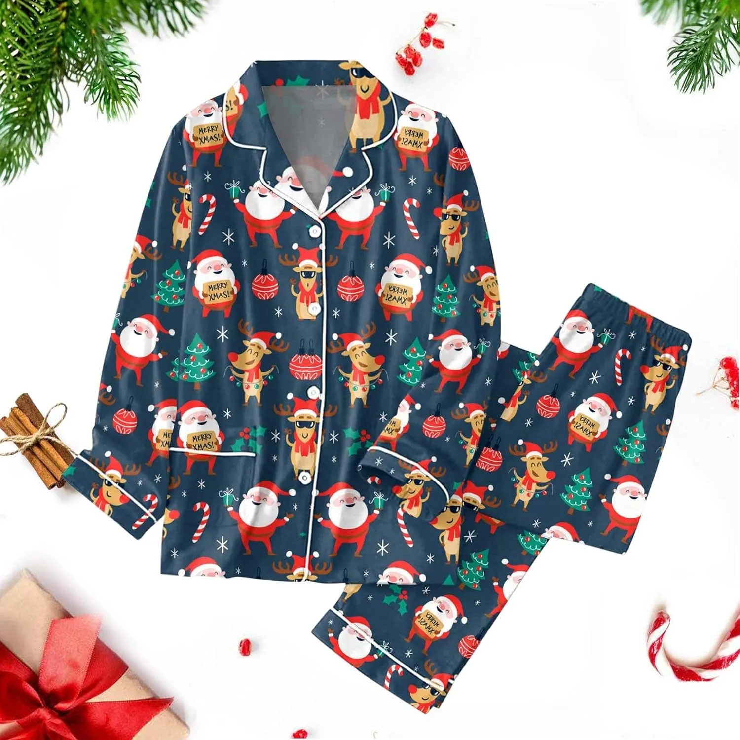 Women's Christmas Pajamas Set Silk Satin Cute Xmas Graphic Pjs Girls Sleepwear Set Long Sleeve Button Down Lounge Set