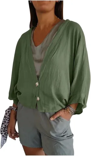 Womens Cotten Linen Button Down Cardigans Dressy Casual Long Sleeve Open Front Lightweight Beach Cover ups