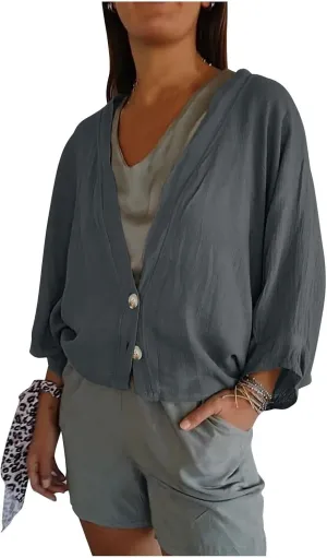 Womens Cotten Linen Button Down Cardigans Dressy Casual Long Sleeve Open Front Lightweight Beach Cover ups
