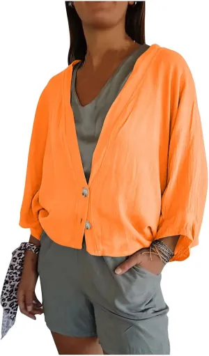 Womens Cotten Linen Button Down Cardigans Dressy Casual Long Sleeve Open Front Lightweight Beach Cover ups