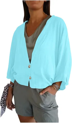 Womens Cotten Linen Button Down Cardigans Dressy Casual Long Sleeve Open Front Lightweight Beach Cover ups
