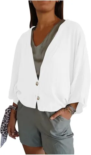 Womens Cotten Linen Button Down Cardigans Dressy Casual Long Sleeve Open Front Lightweight Beach Cover ups
