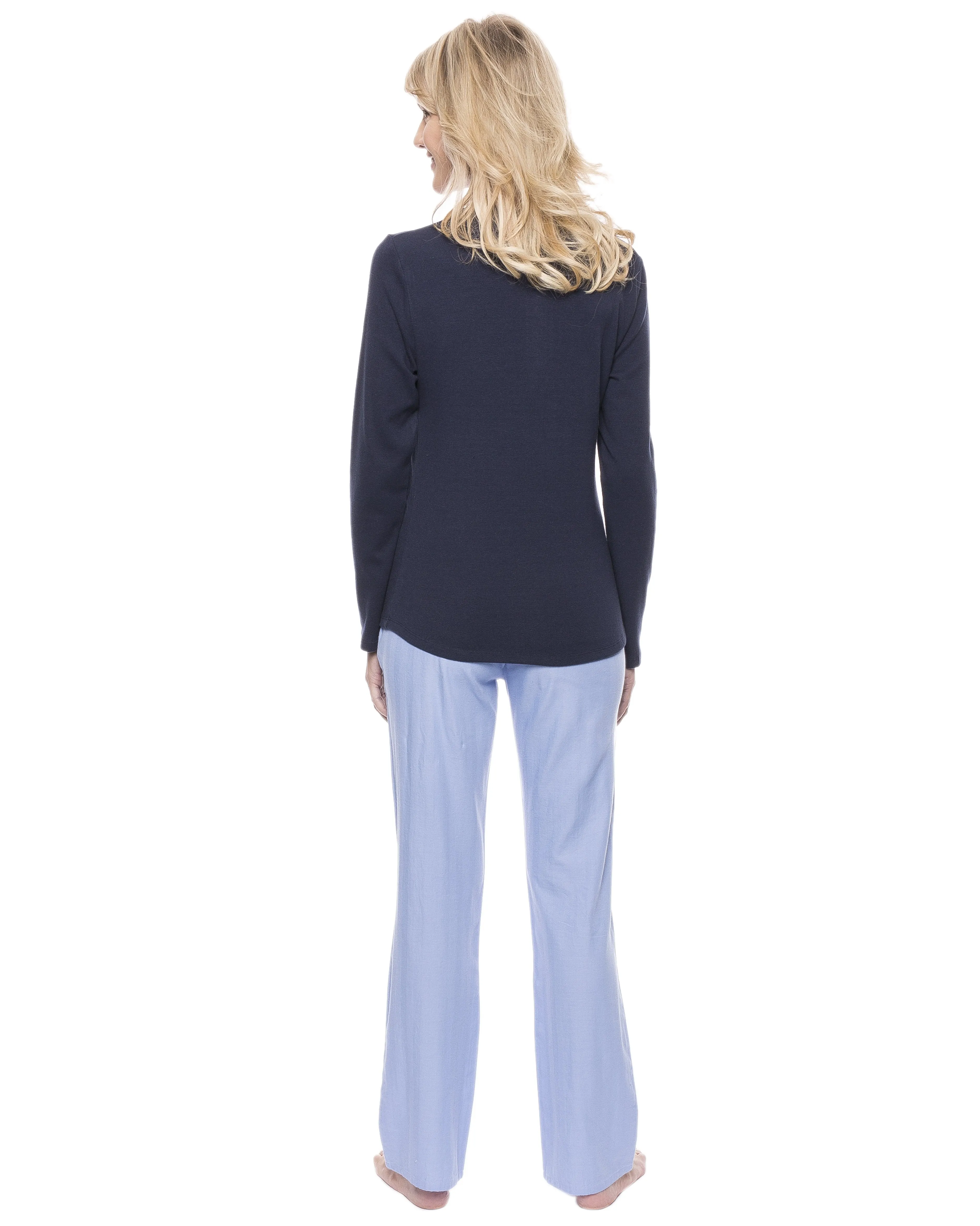 Womens Cotton Flannel Lounge Set with Henley Top - Herringbone Chambray Blue