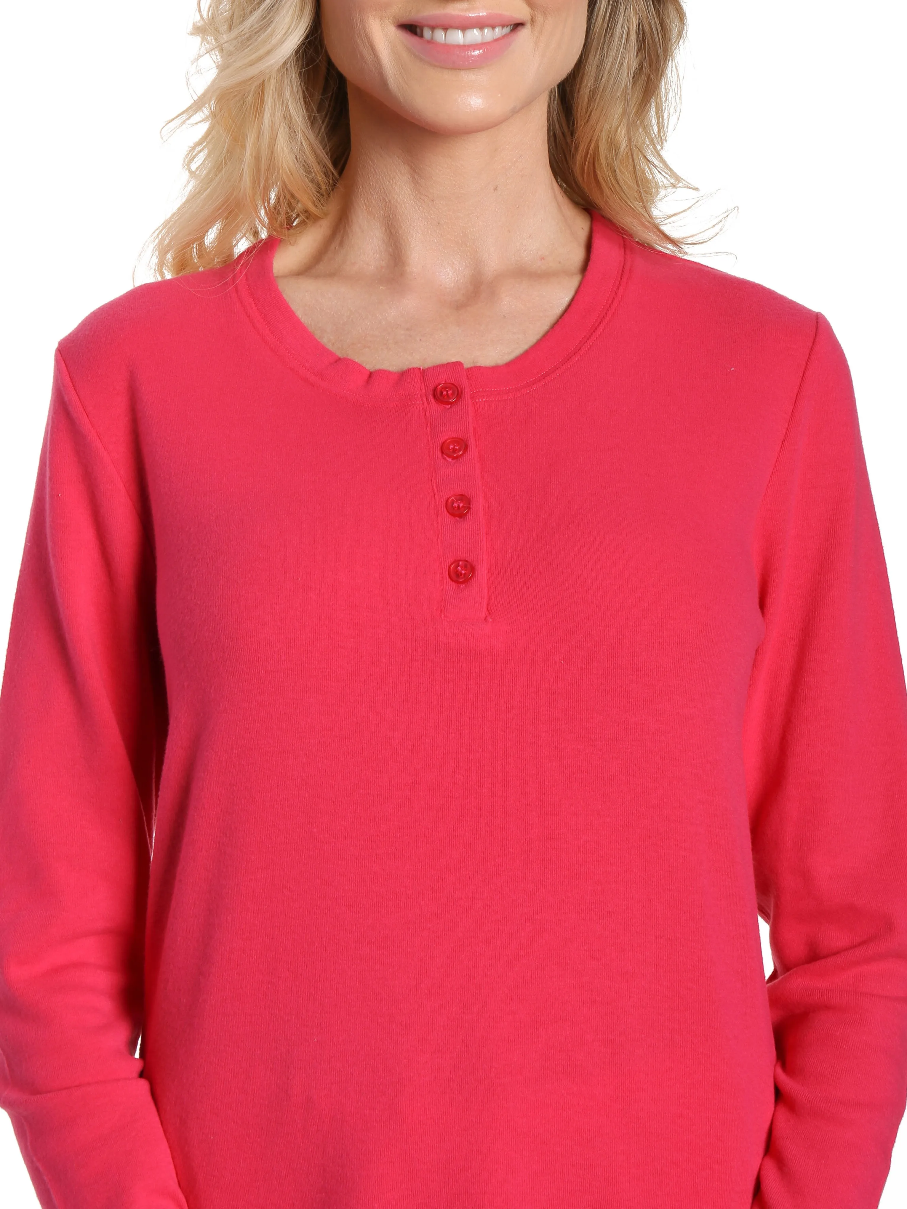 Womens Cotton Flannel Lounge Set with Henley Top - Little Hearts - White-Red