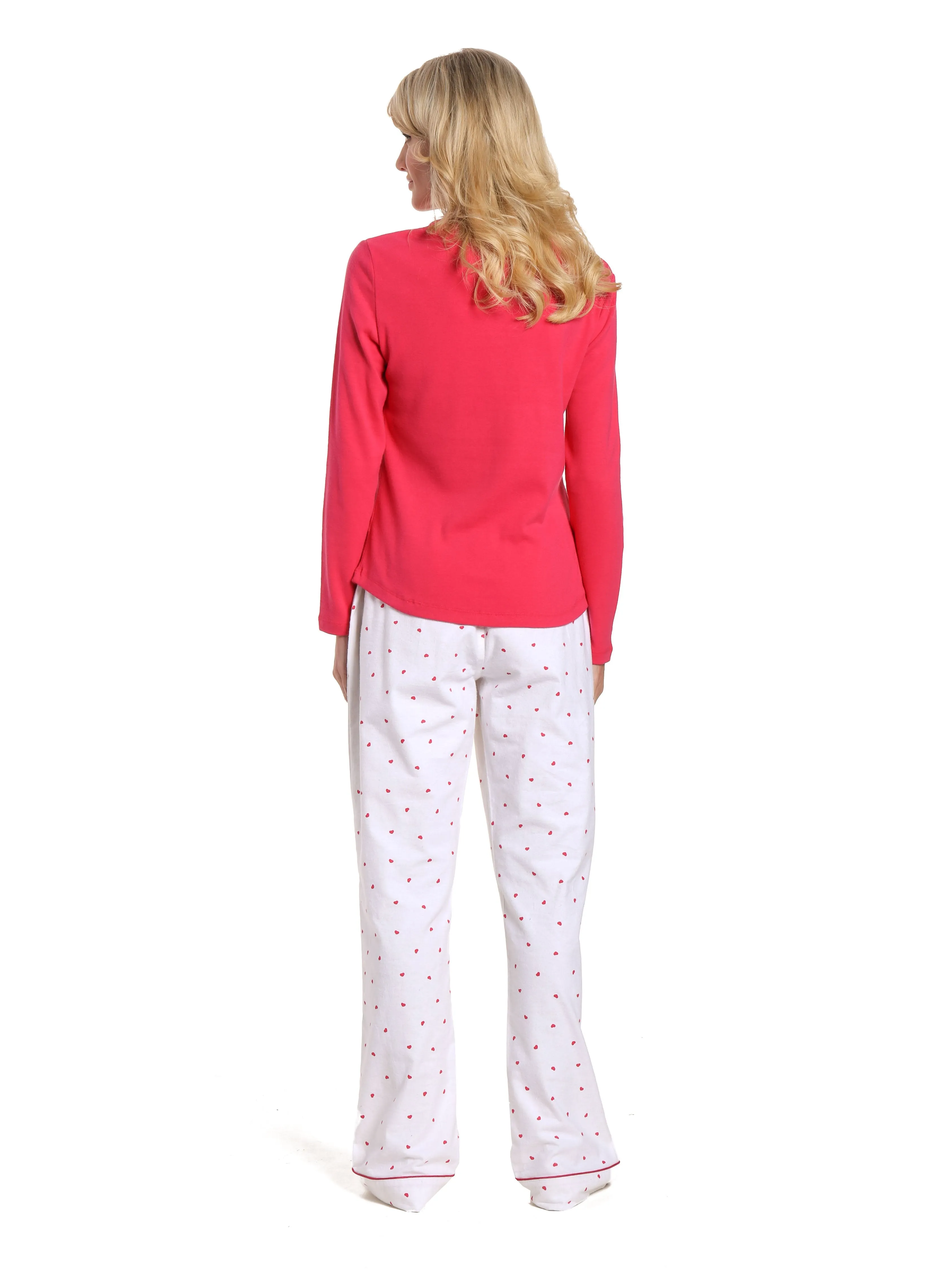 Womens Cotton Flannel Lounge Set with Henley Top - Little Hearts - White-Red
