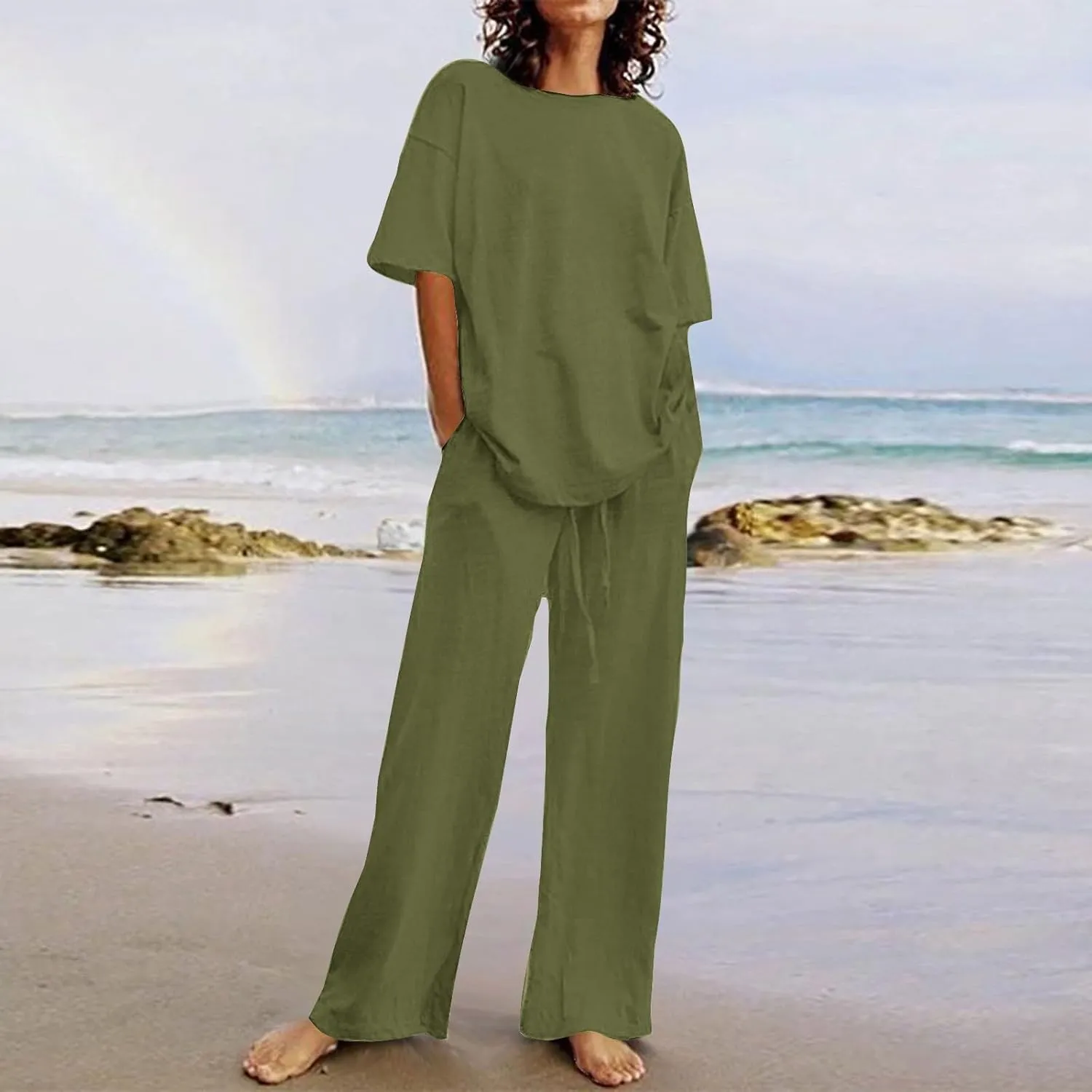 Womens Cotton Linen 2 Piece Loungewear Sets Short Sleeve Casual Top and Wide Leg Pants 2025 Matching Outfits Plus Size