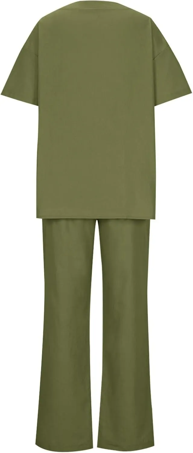 Womens Cotton Linen 2 Piece Loungewear Sets Short Sleeve Casual Top and Wide Leg Pants 2025 Matching Outfits Plus Size
