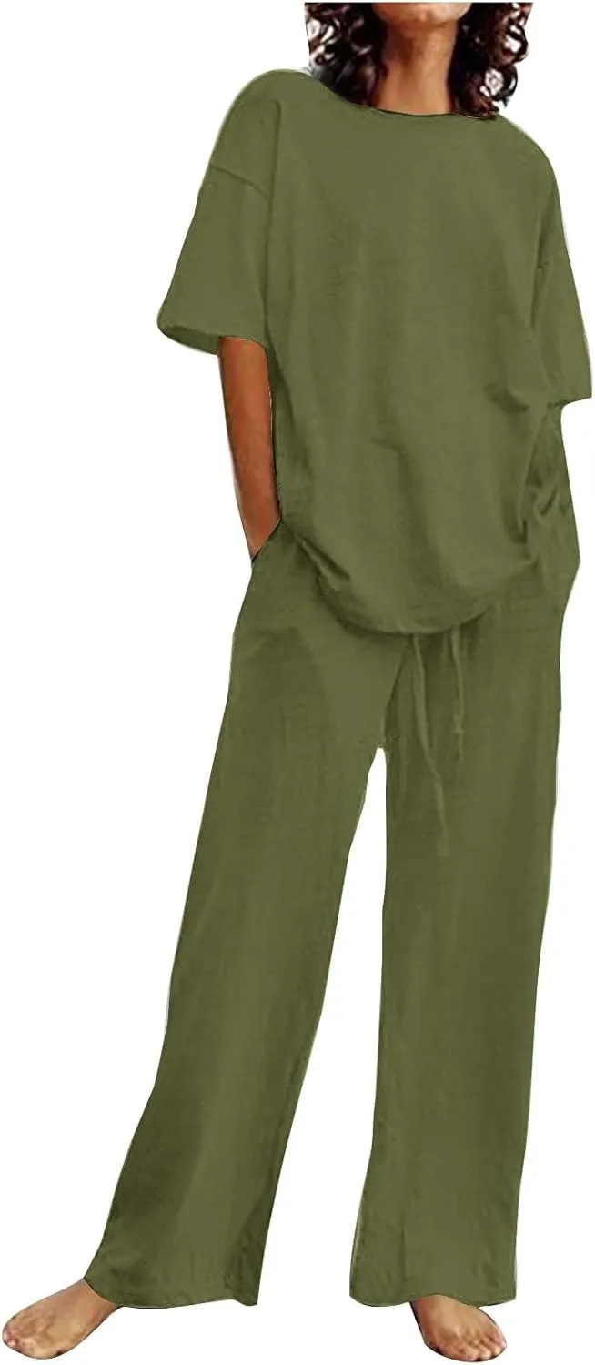 Womens Cotton Linen 2 Piece Loungewear Sets Short Sleeve Casual Top and Wide Leg Pants 2025 Matching Outfits Plus Size