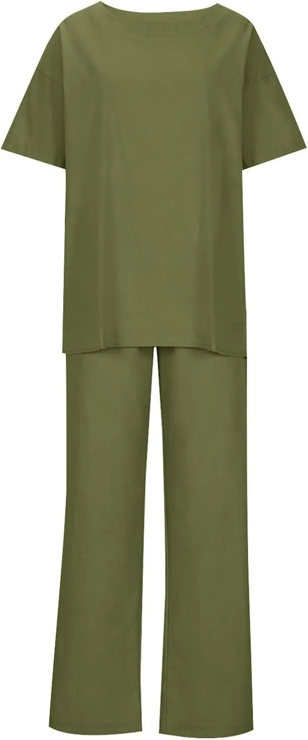 Womens Cotton Linen 2 Piece Loungewear Sets Short Sleeve Casual Top and Wide Leg Pants 2025 Matching Outfits Plus Size