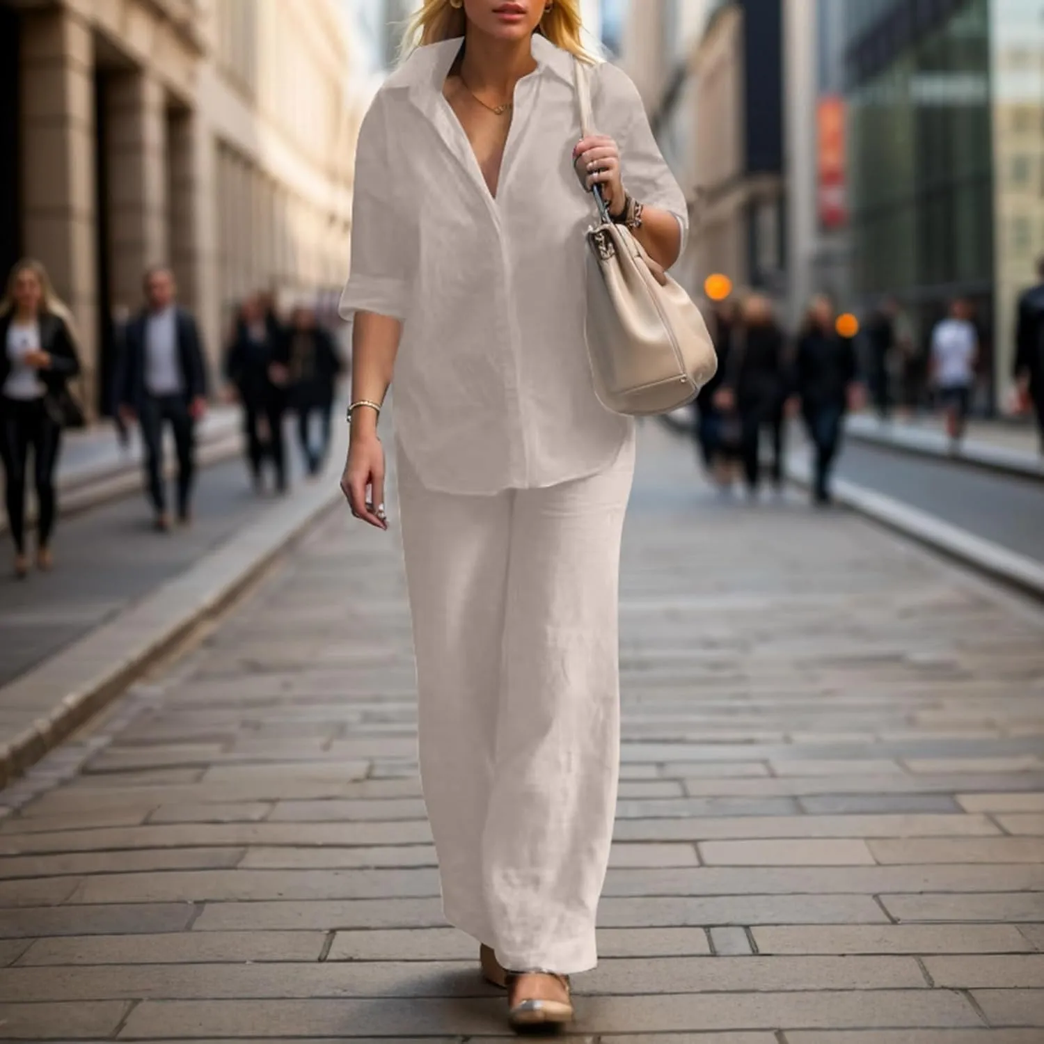 Womens Cotton Linen Lounge Sets Linen Dressy Casual Sets Wide Leg Pants Suits Short Sleeve Jogger Tracksuit
