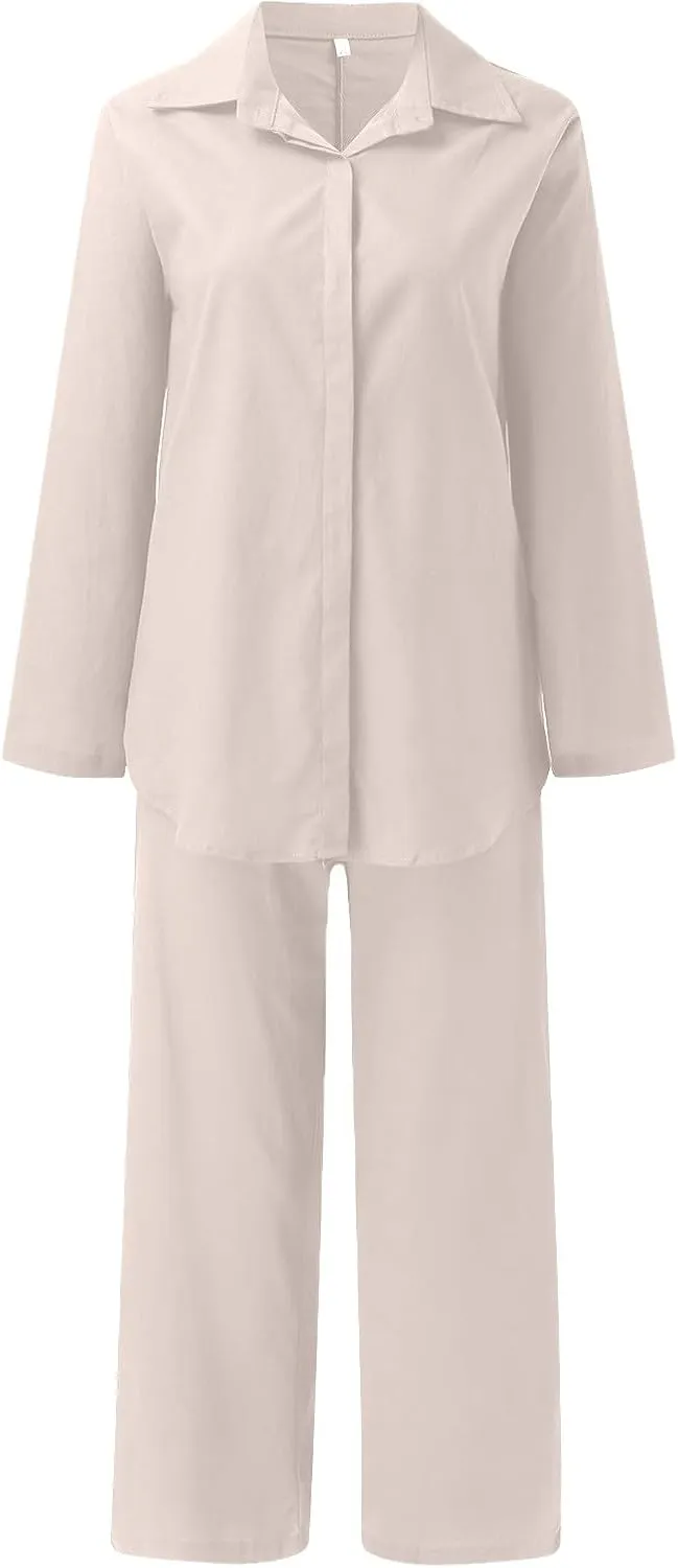 Womens Cotton Linen Lounge Sets Linen Dressy Casual Sets Wide Leg Pants Suits Short Sleeve Jogger Tracksuit
