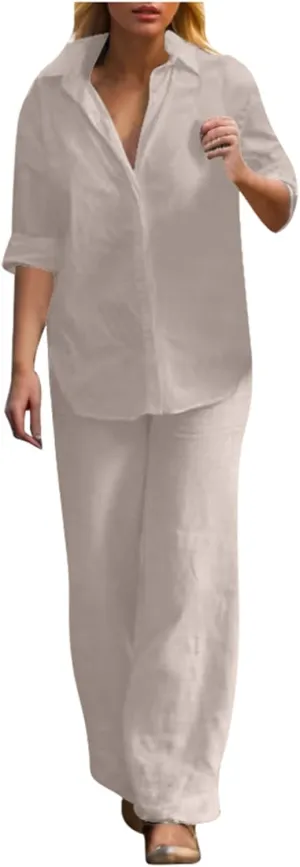Womens Cotton Linen Lounge Sets Linen Dressy Casual Sets Wide Leg Pants Suits Short Sleeve Jogger Tracksuit