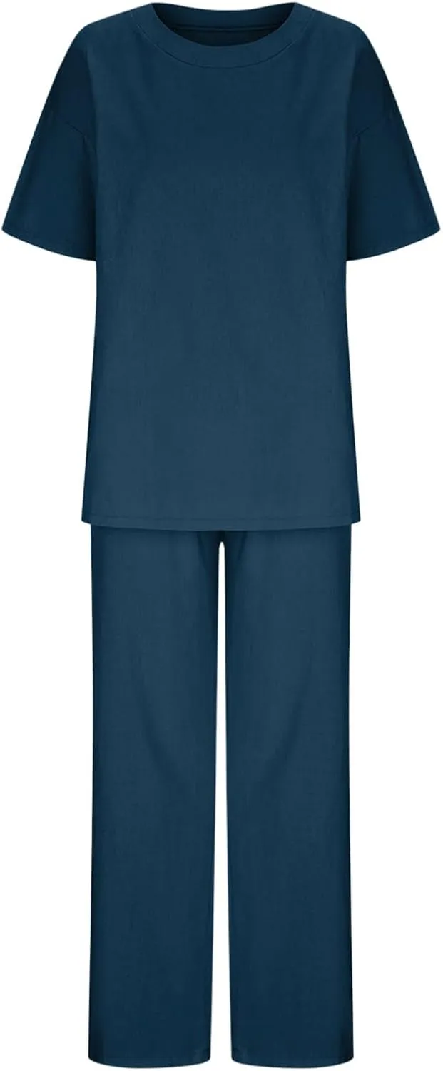 Womens Cotton Linen Summer Outfits Two Piece Lounge Sets Short Sleeve Round Neck Casual Tops Drawstring Pants