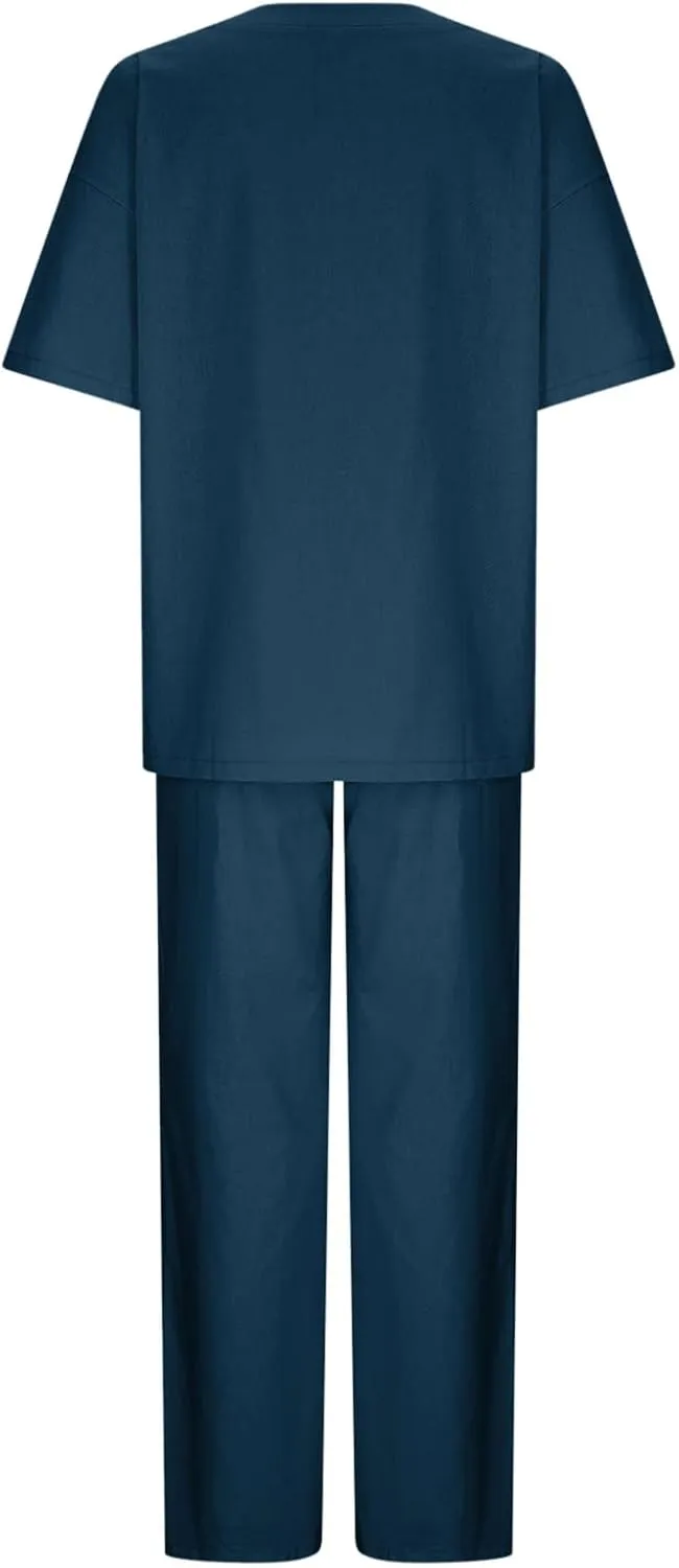 Womens Cotton Linen Summer Outfits Two Piece Lounge Sets Short Sleeve Round Neck Casual Tops Drawstring Pants