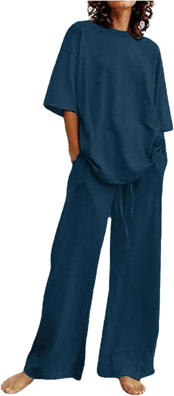 Womens Cotton Linen Summer Outfits Two Piece Lounge Sets Short Sleeve Round Neck Casual Tops Drawstring Pants