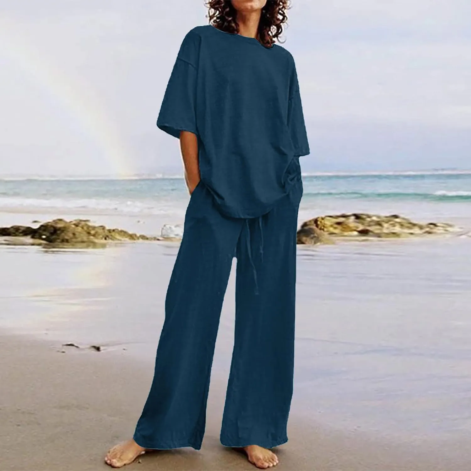 Womens Cotton Linen Summer Outfits Two Piece Lounge Sets Short Sleeve Round Neck Casual Tops Drawstring Pants