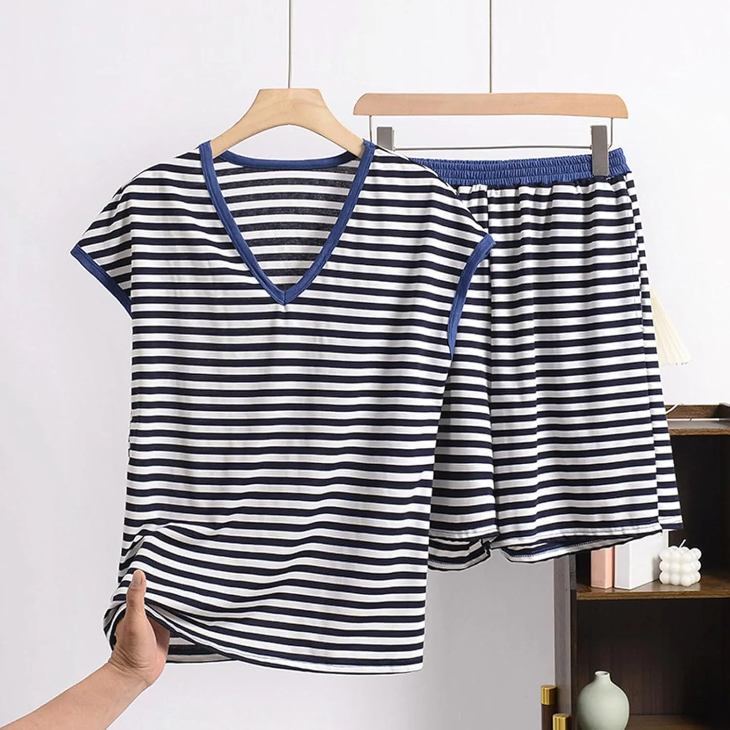 Womens Cotton Pajamas Set Plus Size Lounge Sets Striped Short Sleeve V Neck Sleepwear Soft Pjs Shorts with Pockets