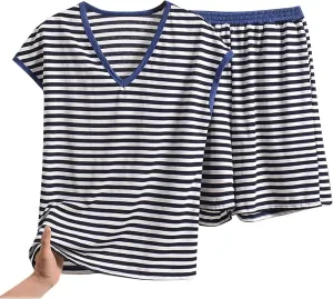 Womens Cotton Pajamas Set Plus Size Lounge Sets Striped Short Sleeve V Neck Sleepwear Soft Pjs Shorts with Pockets