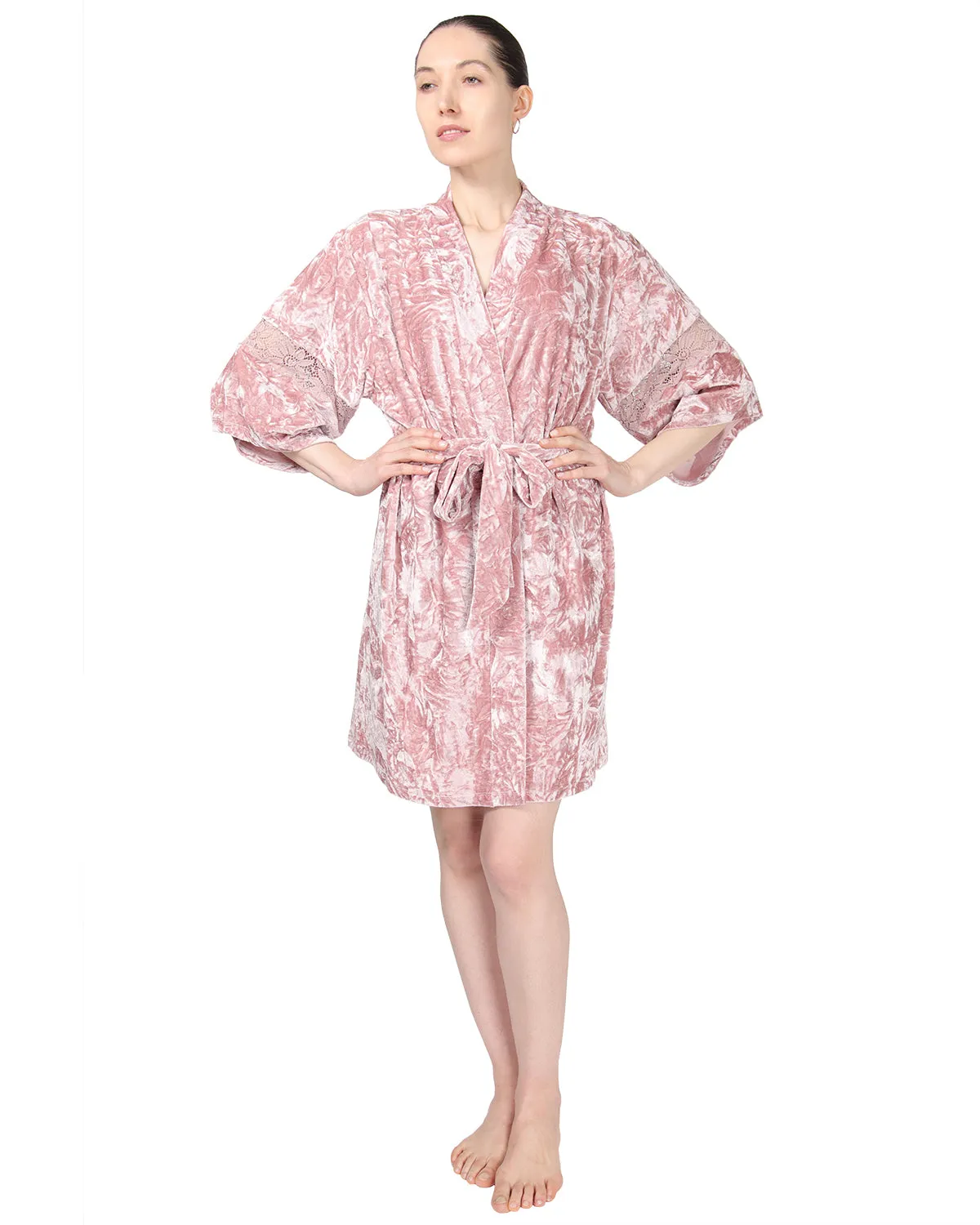 Women's Crushed Velvet Floral Lace Trim Kimono Robe