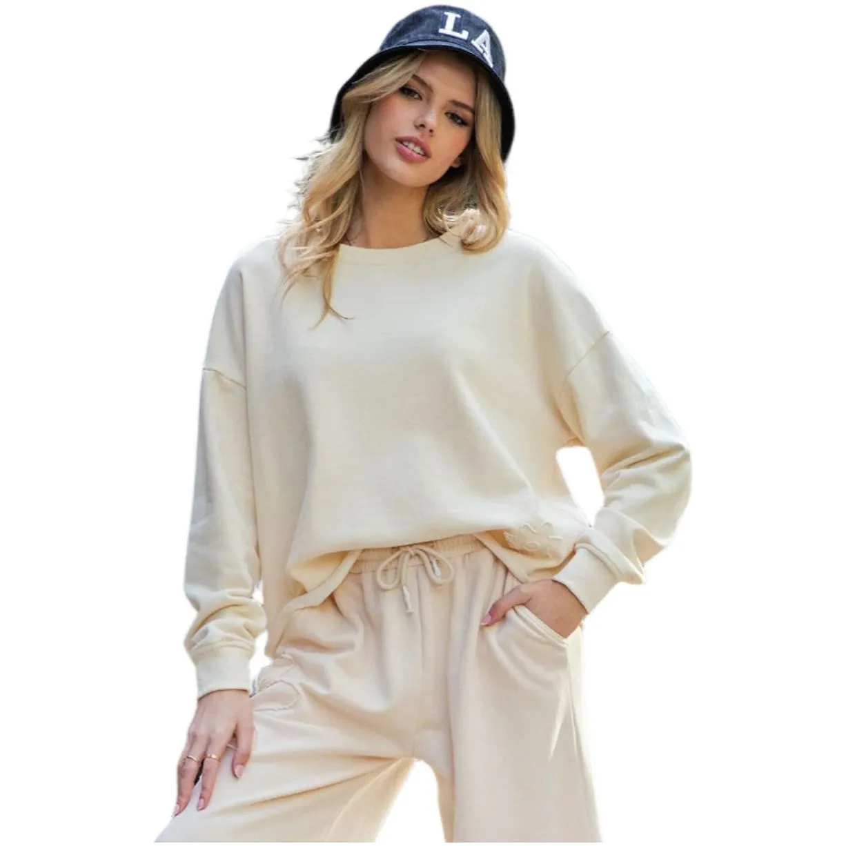 Women's Easel Flower Patch Washed Terry Knit Pants EB90125