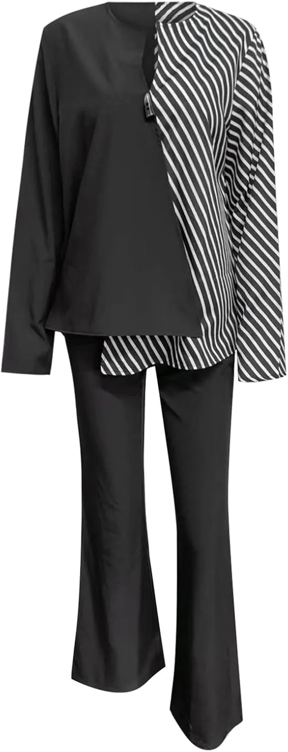 Women's Fall Pajama Sets Women 2 Outfits Casual Long Sleeve Top Loose Wide Leg Pants Long Sleeve Shirt and Pajama
