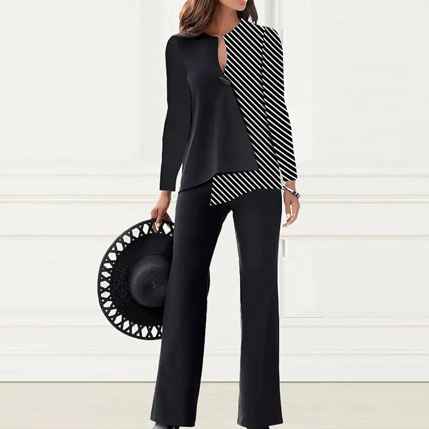 Women's Fall Pajama Sets Women 2 Outfits Casual Long Sleeve Top Loose Wide Leg Pants Long Sleeve Shirt and Pajama