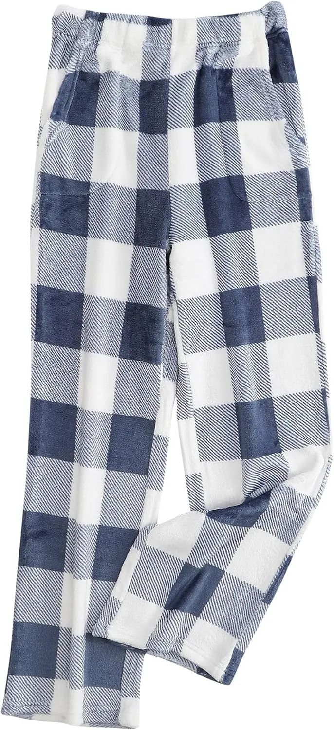 Womens Flannel Pajama Pants with Pockets Plain/Plaid 2025 Winter Warm Fleece Fuzzy Plush Pj Soft Sleep Bottoms