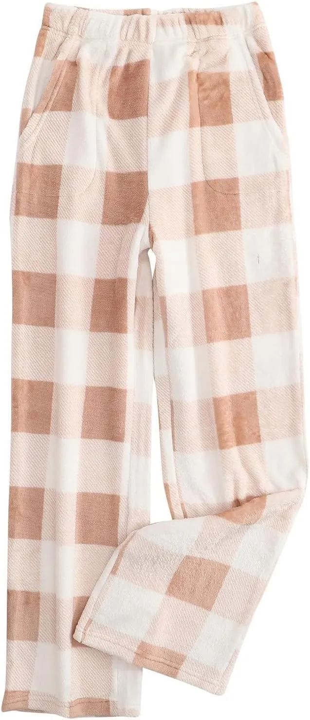 Womens Flannel Plaid Pajama Pants Soft Elastic Waist Fluffy Pajama Pants Comfy Lounge Pajama Bottoms with Pockets