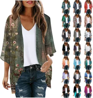 Women's Floral Print Puff Sleeve Kimono Cardigan Loose Cover Ups Casual Tops 2025 Trendy Lightweight Resort Wear