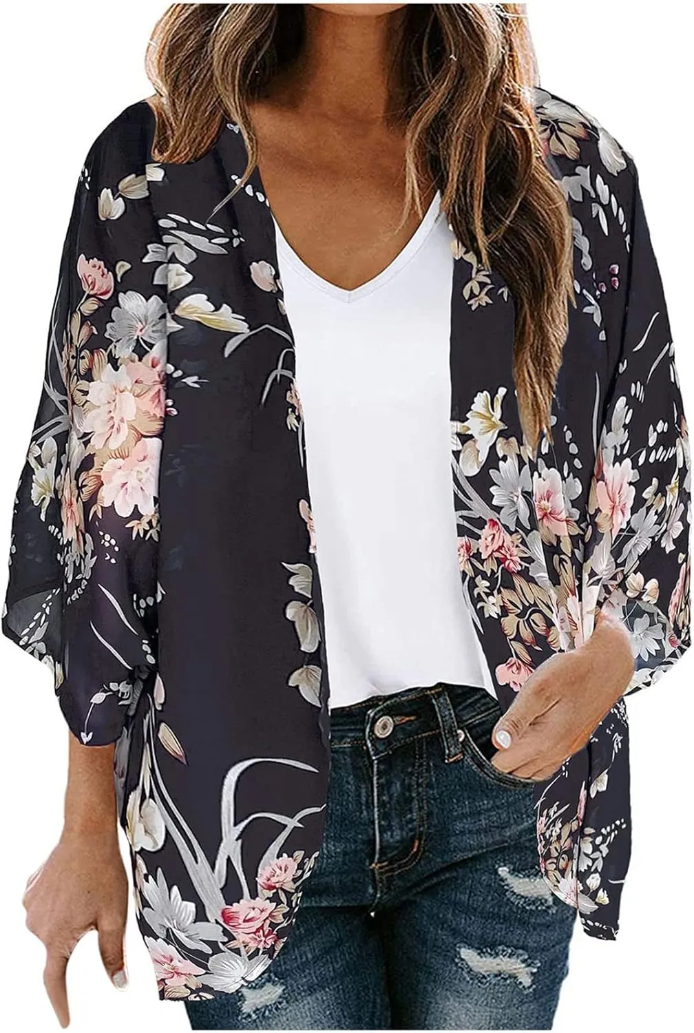 Women's Floral Print Puff Sleeve Kimono Cardigan Loose Cover Ups Casual Tops 2025 Trendy Lightweight Resort Wear