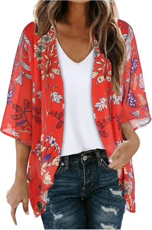 Womens Floral Print Puff Sleeve Kimono Cardigan Loose Coverup Plus Size Cute Summer Fashion Cardigans 2025 Trendy