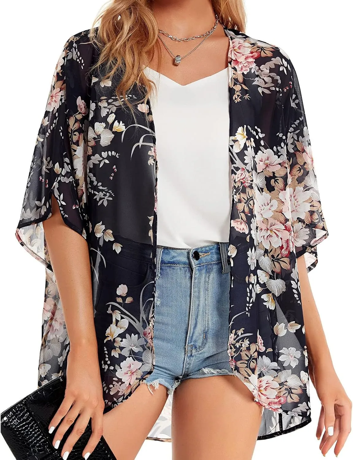 Womens Floral Print Puff Sleeve Kimono Cardigan Summer Fashion Loose Coverup Cute Lightweight Kimonos 2025 Trendy