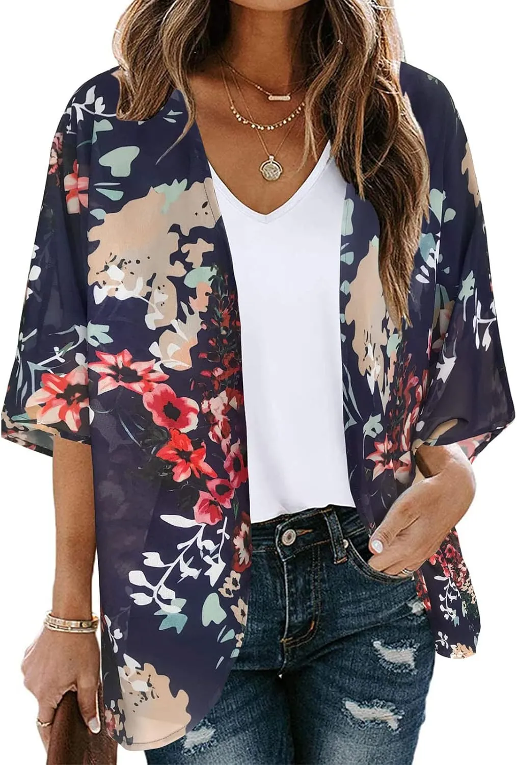 Womens Floral Print Puff Sleeve Kimono Cardigan Summer Fashion Loose Coverup Cute Lightweight Kimonos 2025 Trendy