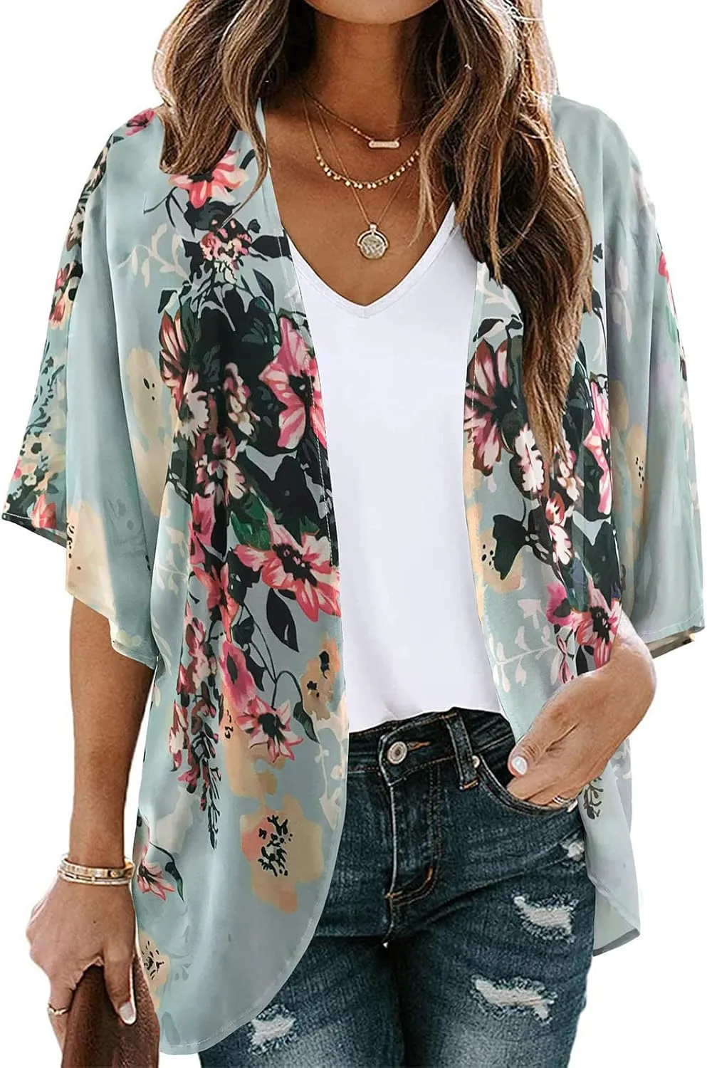 Womens Floral Print Puff Sleeve Kimono Cardigan Summer Fashion Loose Coverup Cute Lightweight Kimonos 2025 Trendy