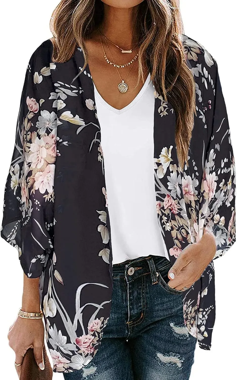 Womens Floral Print Puff Sleeve Kimono Cardigan Summer Fashion Loose Coverup Cute Lightweight Kimonos 2025 Trendy