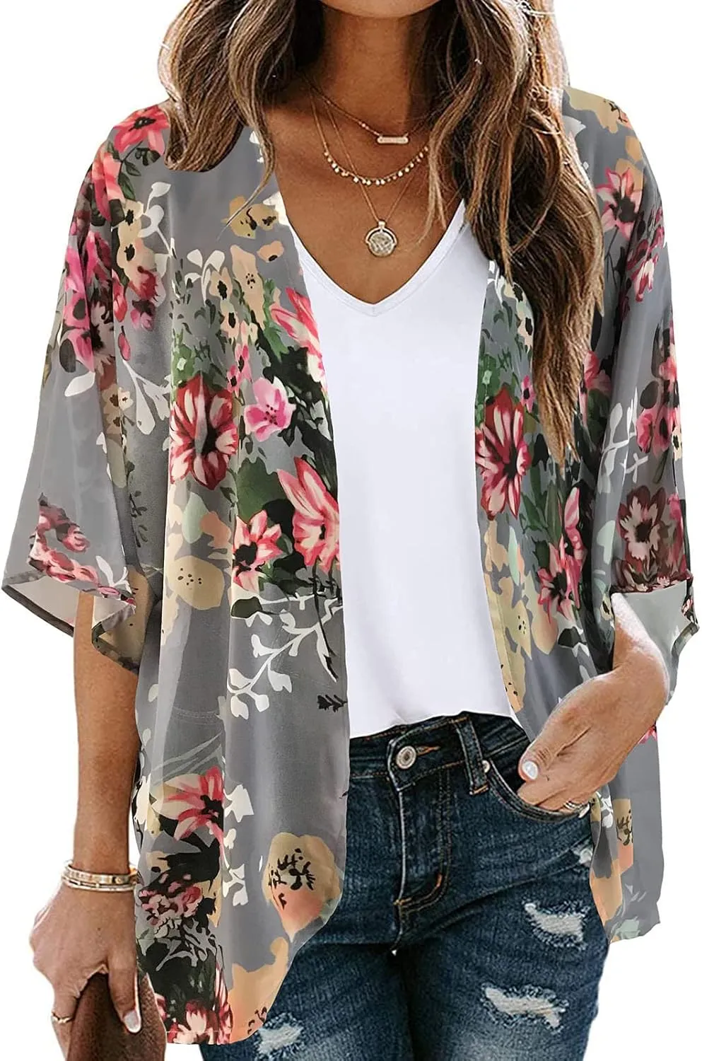 Womens Floral Print Puff Sleeve Kimono Cardigan Summer Fashion Loose Coverup Cute Lightweight Kimonos 2025 Trendy
