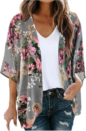 Womens Floral Print Puff Sleeve Kimono Cardigan Summer Fashion Loose Coverup Cute Lightweight Kimonos 2025 Trendy