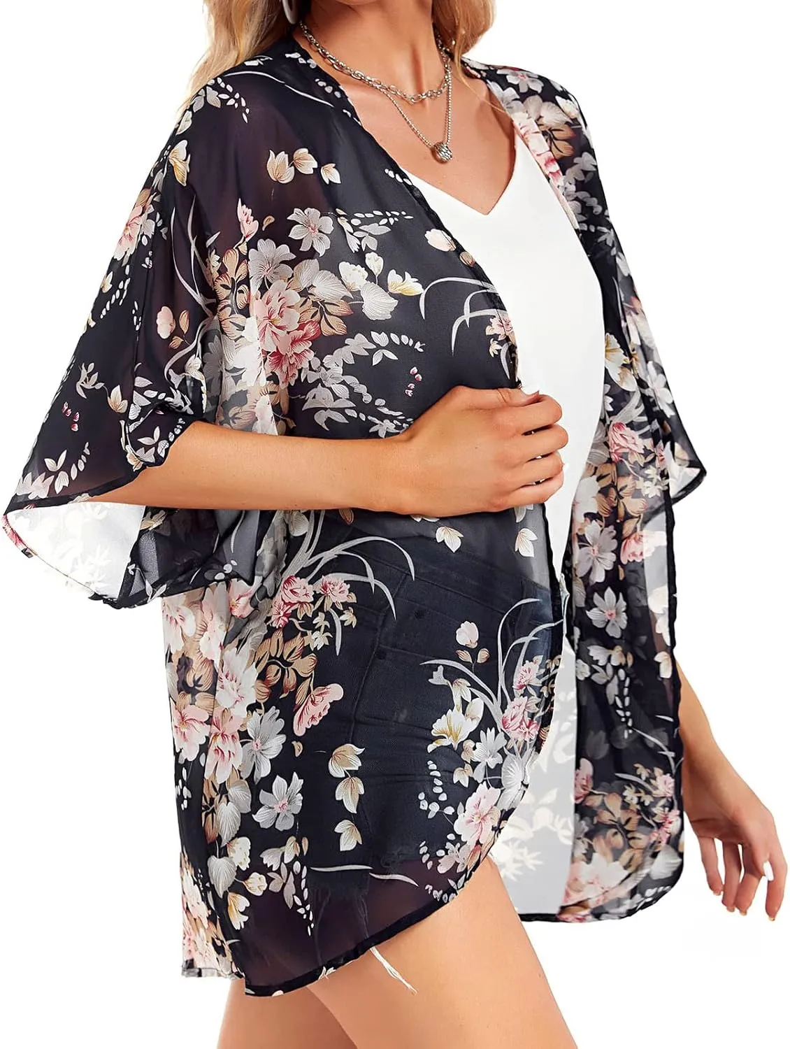 Womens Floral Print Puff Sleeve Kimono Cardigan Summer Fashion Loose Coverup Cute Lightweight Kimonos 2025 Trendy
