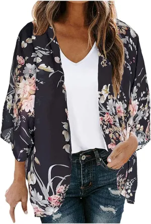 Womens Floral Print Puff Sleeve Kimono Cardigan Summer Fashion Loose Coverup Cute Lightweight Kimonos 2025 Trendy