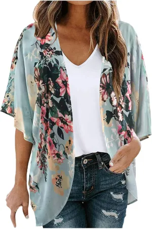 Womens Floral Print Puff Sleeve Kimono Cardigan Summer Fashion Loose Coverup Cute Lightweight Kimonos 2025 Trendy