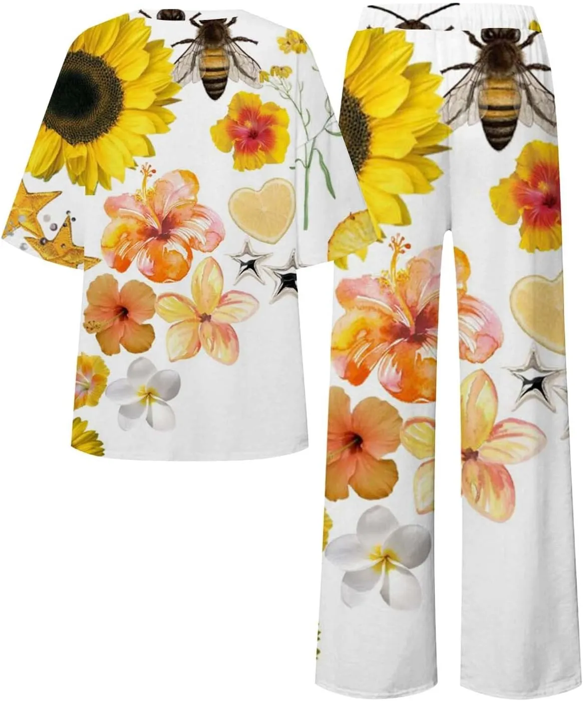 Women's Floral Printed Pajama Sets Plus Size Short Sleeve Tops and Wide Leg Long Boho Pants Cotton Casual Sleepware